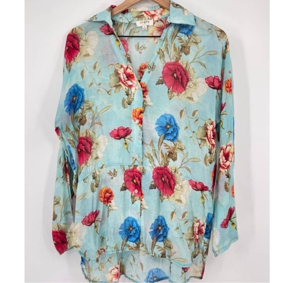 Umgee Lightweight Floral Button Down Shirt Womens Sz S Blue Red Beachy boho NWT - Picture 2 of 4